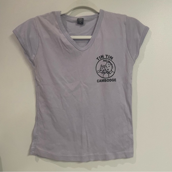 Tintin Cambodia Siem Reap Graphic T-Shirt Purple Rickshaw Comic Tee - Picture 2 of 8